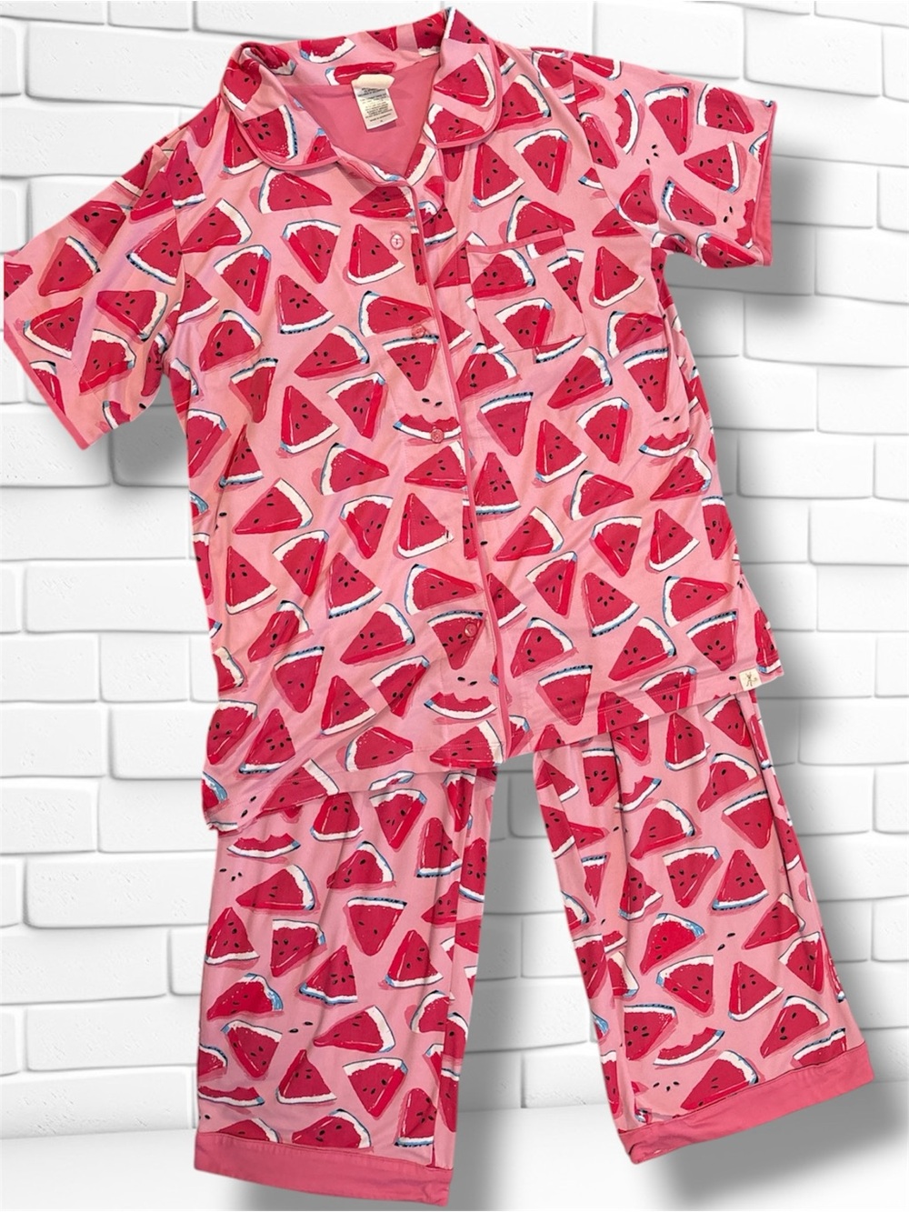Munki Munki Watermelon Pajama Set XL Pink Short Sleeve Top Crop Pants Stretch